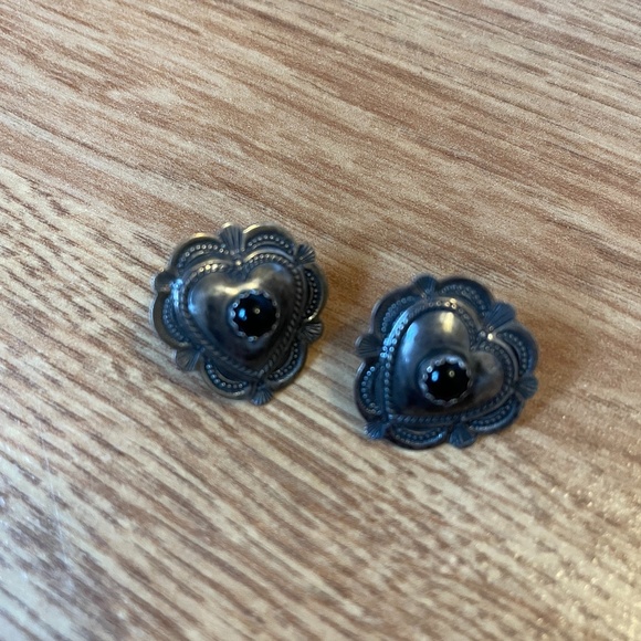 Sterling Silver Black Onyx Heart Earrings - Picture 1 of 2